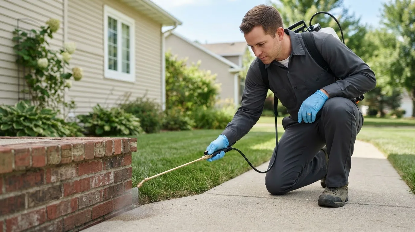 Pest control technician treating a home near Crystal Beach, FL