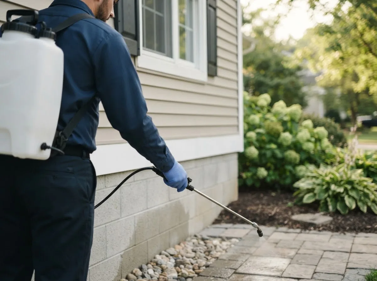 Pest control technician inspecting a home in Crystal Beach, FL